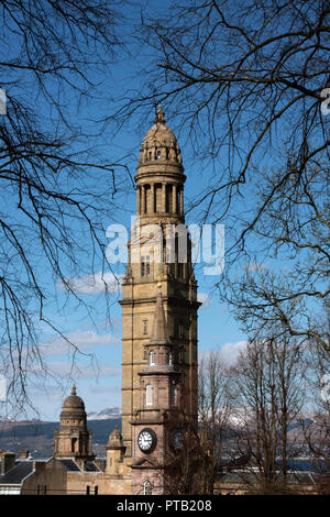 The exceptional tall, and impressive, Victoria tower, is part of the municipal buildings that incudes the Town Hall in the Scottish town of Greenock, A smaller tower can be seen next to it. Stock Photo