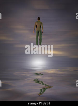 Man Hovers Above Water in Mid Air Stock Photo