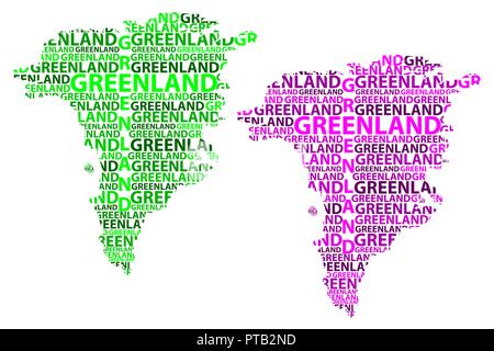Sketch Greenland letter text map, Greenland - in the shape of the continent, Map Greenland (island of Kingdom of Denmark) - green and purple vector il Stock Vector