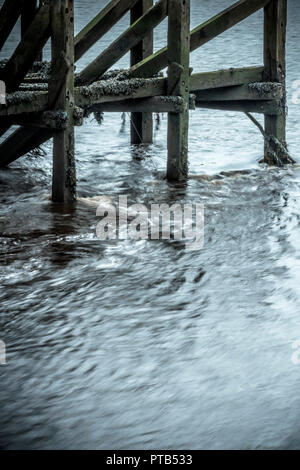 Framework of an old wooden pier, covered in algae and seaweed Stock Photo