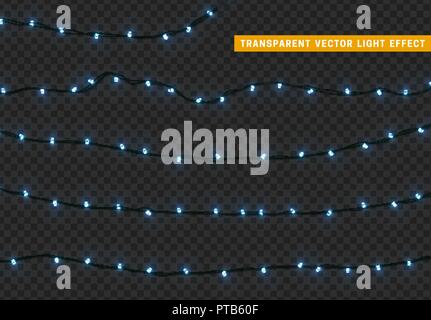 Christmas lights, isolated realistic design elements on transparent background. Xmas decorations glow light garlands blue color. Stock Vector