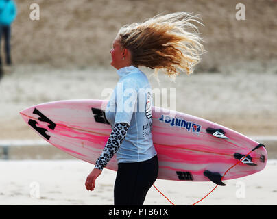 British Surfing Championships and British Cup 2018, Mens open winnerJay Quinn 35 year old New Zealand born representing Wales, Roxy womens winner Lucy Stock Photo