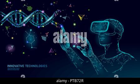 Science biology gene modifying concept. VR headset holographic projection virtual reality glasses. Futuristic medicine research gene therapy health analysis laboratory chemistry vector illustration Stock Vector