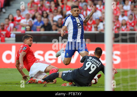 Soares of FC Porto (C) with Rúben Dias of SL Benfica (L) and Odysseas Vlachodimos of SL Benfica (R) seen in action during League NOS 2018/19 football match between SL Benfica vs FC Porto. (Final score: SL Benfica 1-0 FC Porto). Stock Photo