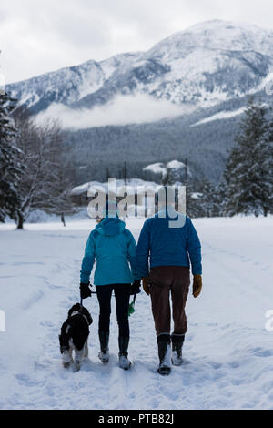 Couple with dog walking on snow landscape Stock Photo