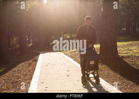 Father using mobile phone with baby boy in pram Stock Photo