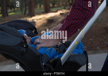 Father with his baby boy in a pram at park Stock Photo