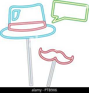 party hat mustache and speech bubble neon on stick vector illustration Stock Vector