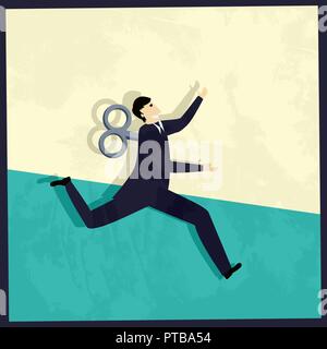 Businessman with wind-up key in back, conceptual retro style vector graphic Stock Vector