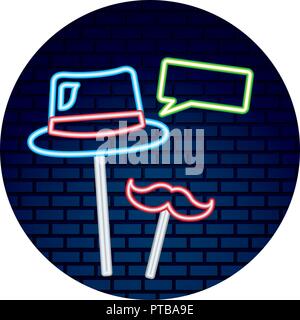 hat mustache speech bubble party neon brick wall vector illustration Stock Vector