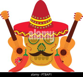 mexican skull with hat mustache and guitars vector illustration Stock Vector