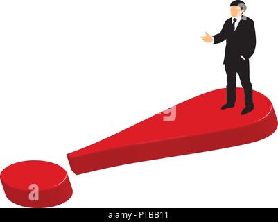 Well dressed business man standing on a big red 3d-exclamationmark explaining and gesturing with hand. Stock Vector