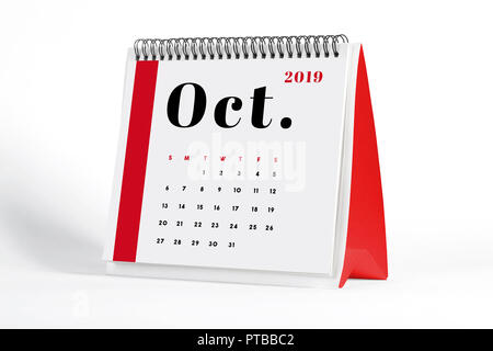 2019 October page of a desktop calendar on white background. 3D Rendering. Stock Photo