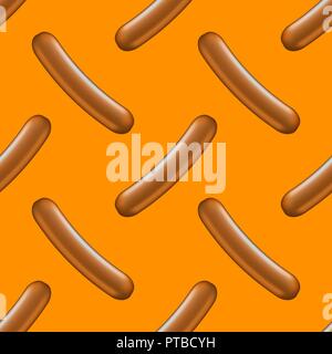 Boiled Sausage Seamless Pattern on Orange Background. Street Fast Food. Stock Vector