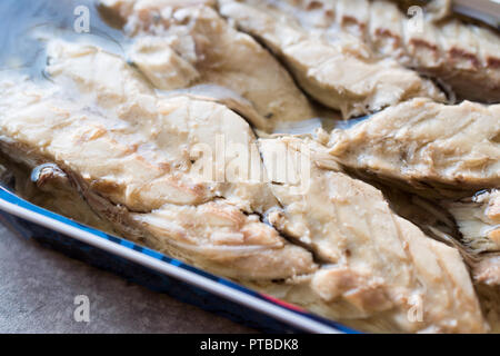 Canned Mackerel Fillets in Tin. Organic Seafood. Stock Photo