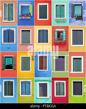 Collage of colorful windows with frames in Burano, Venice, Italy Stock Photo
