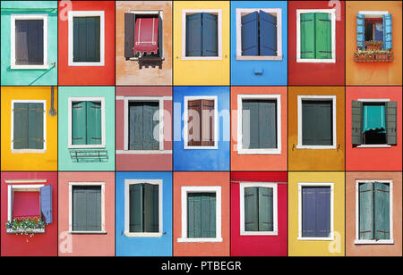 Collage of colorful windows with frames in Burano, Venice, Italy Stock Photo