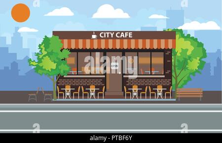 Central cafe building exterior with summer terrace, tables, chairs and trees. City landscape concept Vector flat illustration. Stock Vector