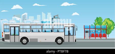 Empty Bus Stop and Bus with City Skyline Flat Design Style. Stock Vector