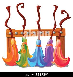 Wooden stand with colorful brooms of the witches isolated on white background. Sketch for a poster or card for the holiday of all evil spirits Halloween. Vector cartoon close-up illustration. Stock Vector