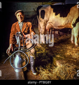 Brecon Beacons,Wales, Uk, November 2,1988: An elderly farmer poses with his milking machine with cows about to be milked in early morning sun. Stock Photo