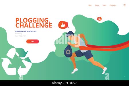 Plogging landing concept vector illustration with a runner, trash or litter bag and a waste recycle icon. Cleaning garbage marathon or plogging eco ch Stock Vector