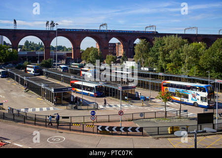 Stockport train viaduct with bus station in the foreground Stock Photo
