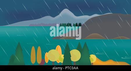 Abstract illustration of mountain landscape with forest and lake under cloudy sky with clouds and rain - vector Stock Vector