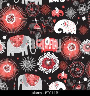 Vector graphic seamless pattern with love elephants among abstract patterns Stock Vector