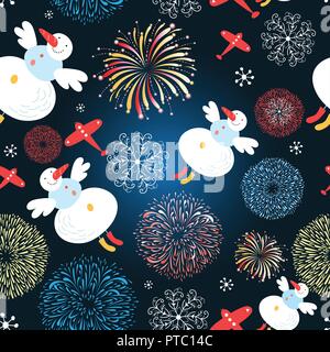 Bright festive Christmas pattern of flying snowmen against a dark background with lights. Stock Vector