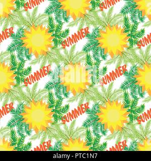 Palm trees and sun background. Vector seamless pattern Stock Vector