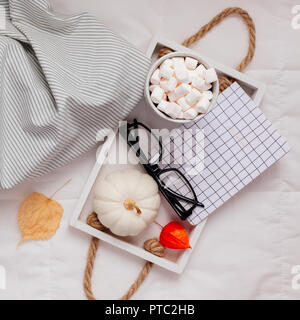 Creative Top view flat lay sill life autumn composition. Hot cacao coffee chocolate with marshmallows mug pumpkins glasses tray in bed. Square Concept Stock Photo
