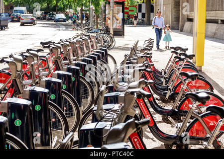 United Kingdom London England,UK Lambeth South Bank,Santander Cycles,public bicycle hire scheme,bike sharing system,Boris Bikes docking station UK, Stock Photo