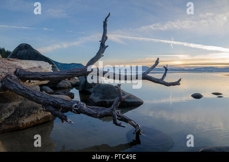 Lake Tahoe is a large freshwater lake in the Sierra Nevada of the United States. Stock Photo