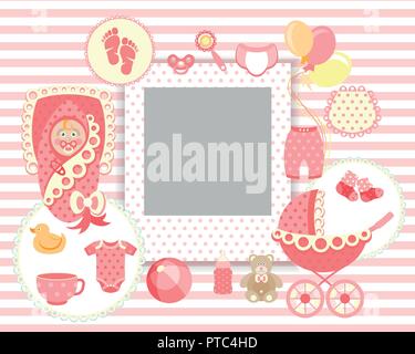 Newborn baby girl clip art with cute icons collection Stock Vector