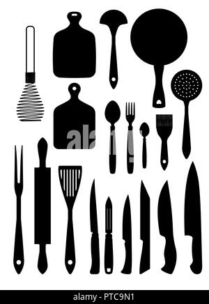 Big set of silhouettes of kitchenware. Kitchen vector icons. Illustration for your design. Stock Vector