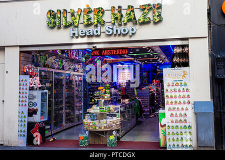 AMSTERDAM, NETHERLANDS - MARCH, 2018: Marijuana products shop at the Old Central district in Amsterdam Stock Photo