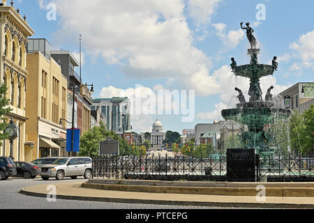 Alabama Capitol building at the end of Dexter Avenue with the Court Square fountain in the foreground, in Montgomery Alabama, USA. Stock Photo