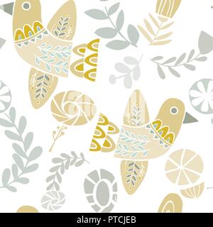 Vector pastel folkloric birds and flowers seamless pattern on a white background. Ideal for crafts, fabrics, wrapping paper, wallpaper Stock Vector