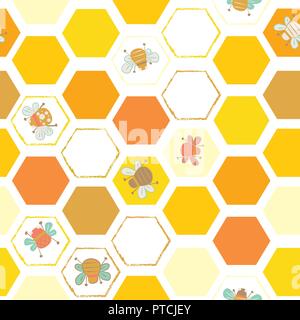 Vector yellows hexagonal tiles with bees seamless pattern background. Ideal for all kinds of crafts, wallpapers, fabrics and quilting Stock Vector