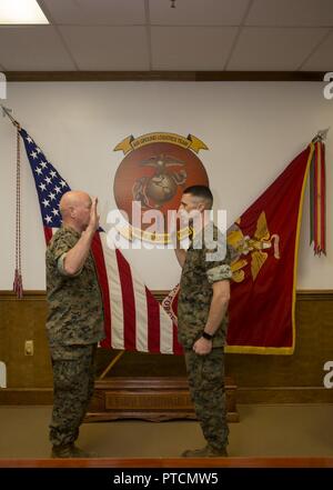 U.S. Marines, family and friends gather for Maj. Gen. Robert F. Castellvi's promotion ceremony on Camp Lejeune, N.C., 11 July, 2017. Castellvi was promoted from Brigadier General to Major General by Maj. Gen. Walter L. Miller. Stock Photo