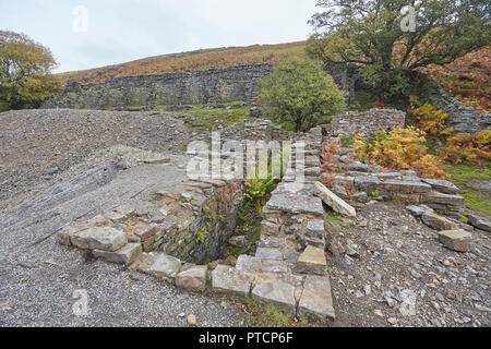 Remains of the once thriving lead mining industry, Gunnerside Gill, Swaledale, Yorkshire Dales, UK. Sir Francis Dressing Floor. Stock Photo