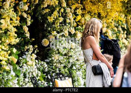 London, UK - June 23, 2018: Young blonde woman standing by many yellow and white colorful summer flowers on sidewalk street road in Chelsea neighborho Stock Photo