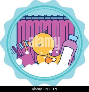 rubber duck shampoo toothbrushes and curtain bathroom Stock Vector
