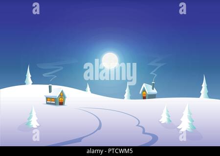Winter greeting card - winter night landscape with houses on moonlight Stock Vector