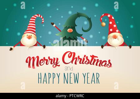 Christmas greeting card. Three Christmas Gnomes with signboard on green background. One hidden in Christmas tree Stock Vector