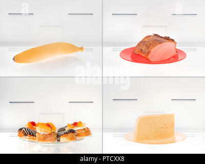Different food in the fridge shelf set. Ham, cheese, banana and cake Stock Photo