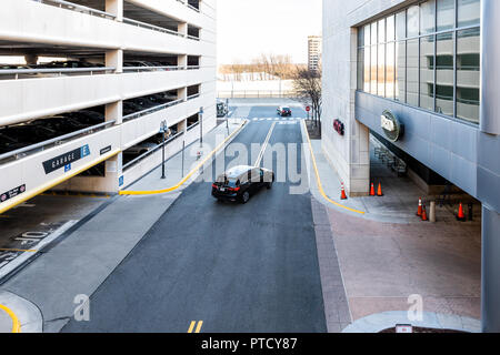 Tysons, USA - January 26, 2018: Aerial, above, high angle view of architecture exterior of Tyson's Corner Mall in Fairfax, Virginia by Mclean, parking Stock Photo