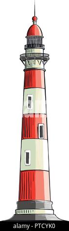 Hand drawn sketch of a lighthouse in color, isolated on a white background. Detailed drawing in the style of vintage. Vector illustration Stock Vector