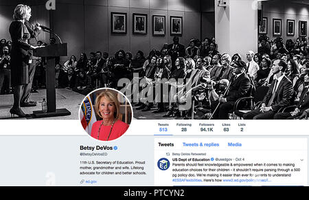 Twitter page for Betsy DeVos. Elisabeth Dee DeVos is an American politician and businesswoman serving as the 11th and current United States Secretary of Education since 2017. DeVos is a Republican known for her support for school choice, school voucher programs, and charter schools. Stock Photo